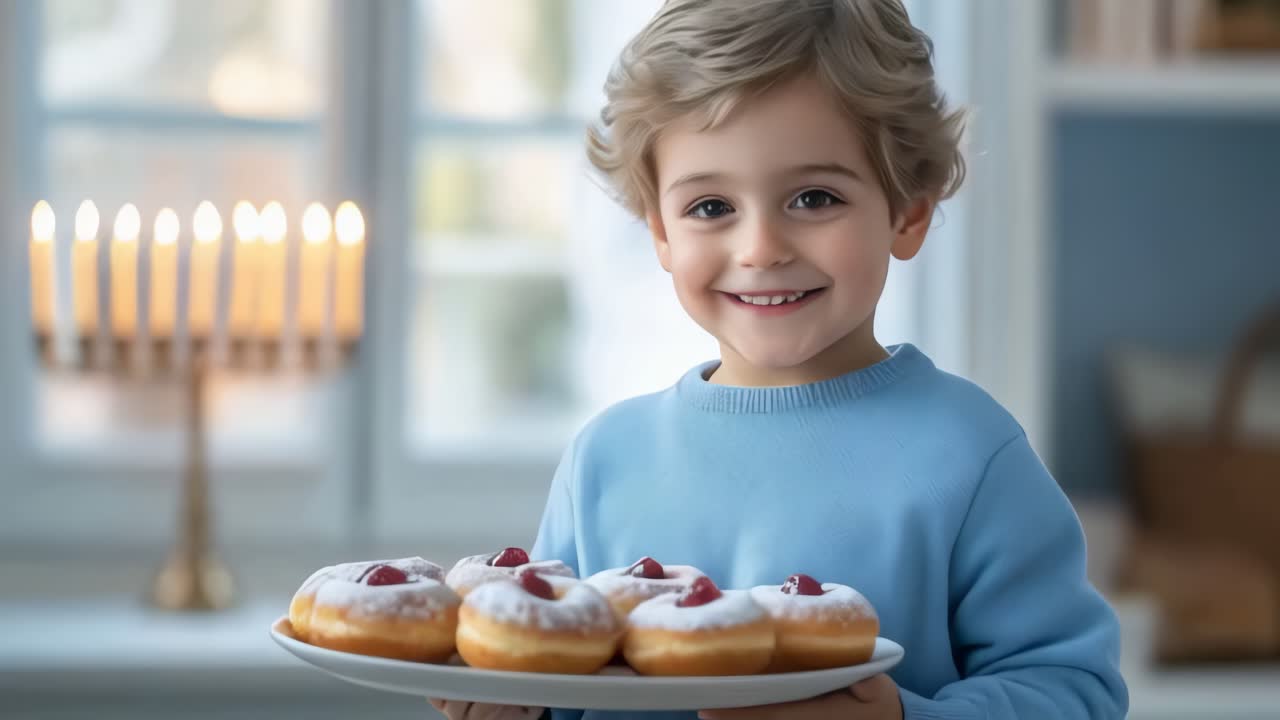 At home during Hanukkah, a jewish boy holding a tray of donuts with strawberry jam