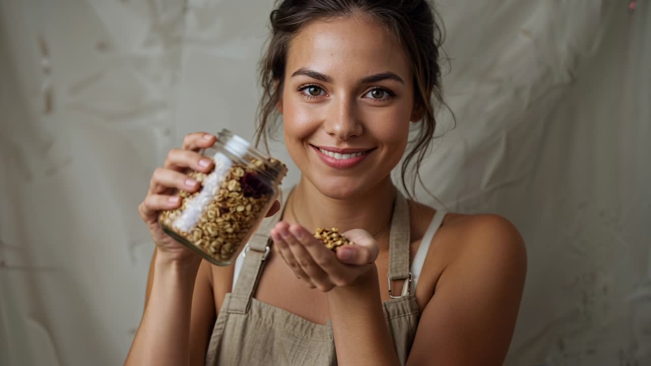 Woman in apron choker tilting jar pouring granola into palm in kitchen recording offering sample