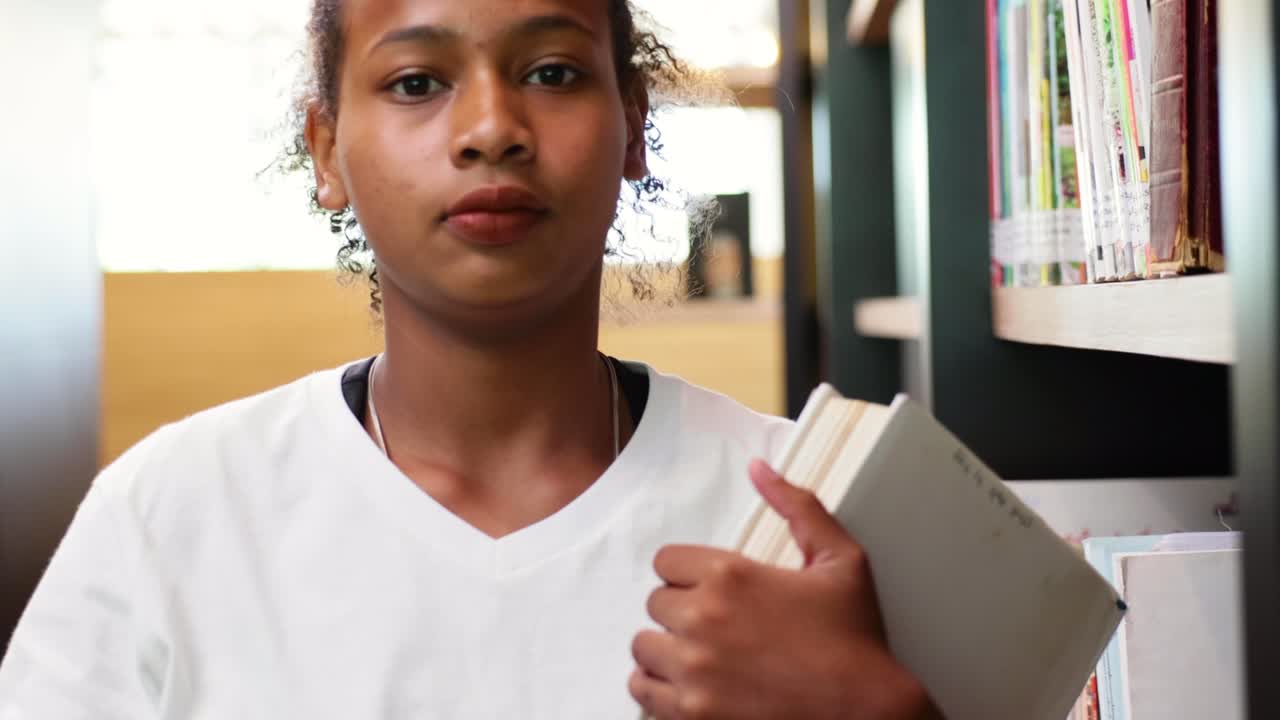 Portrait black young teenage woman reserch data on laptop computer at library of school. University Library education and Student Learning concept.