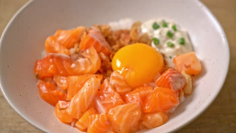 japanese rice with fresh salmon raw and pickled egg - asian food style