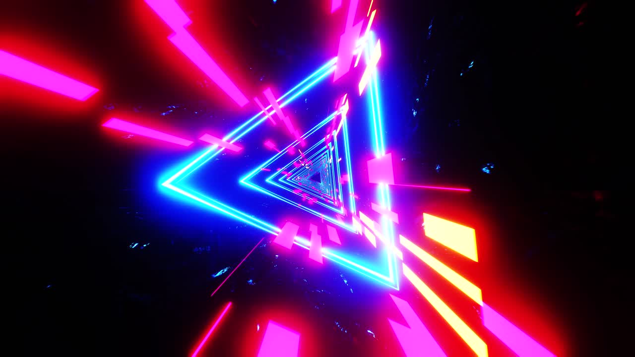 Flying through an abstract tunnel with neon triangles. Infinitely looped animation