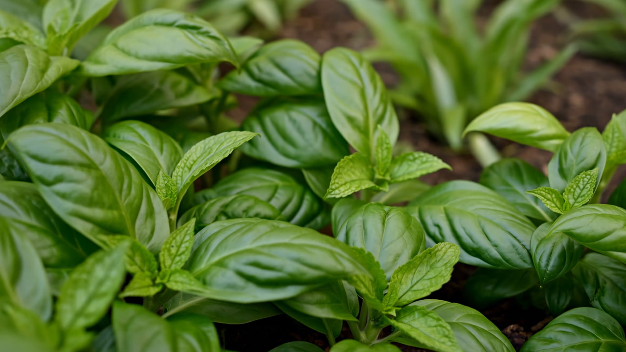 Close-up of Vibrant Green Basil Leaves Growing in a Garden