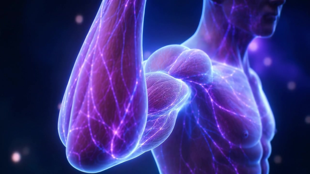 Human Bicep Muscle Flexing with Glowing Neural Network Visualization