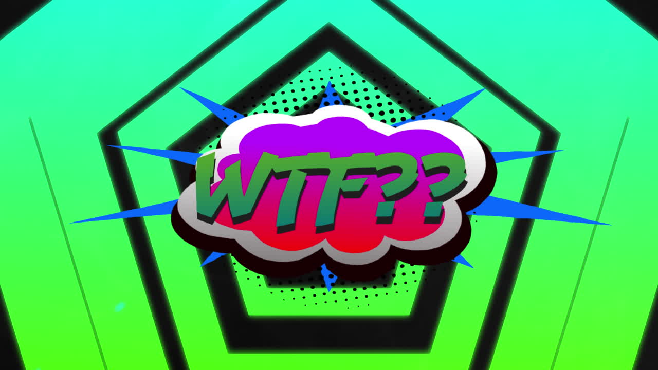 검은 바탕의 초록색 모양 위에 wtf 텍스트의 애니메이션