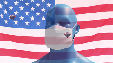 Covid-19-cells-and-human-head-model-wearing-face-mask-against-US-flag-waving