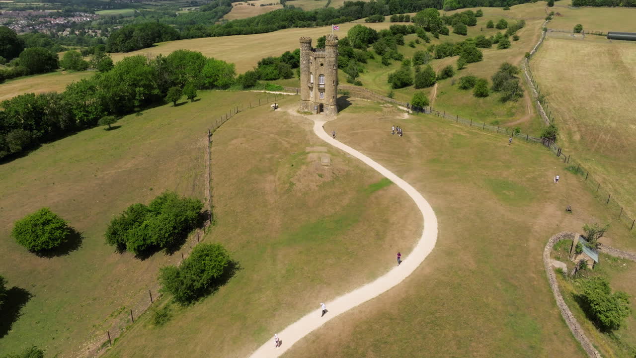Aerial View Of Tourists Visiting The Broadway Tower On The Hilltop In Cotswolds, UK
