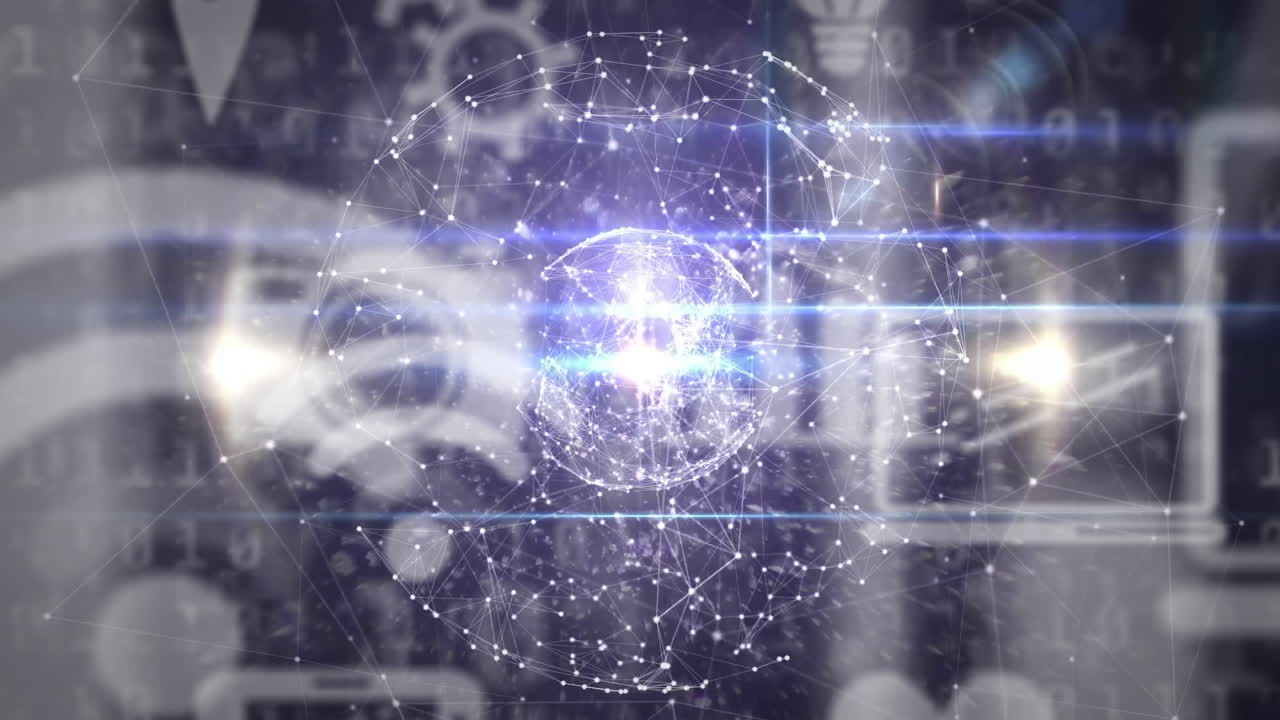 Network of connections and data processing animation over technology icons
