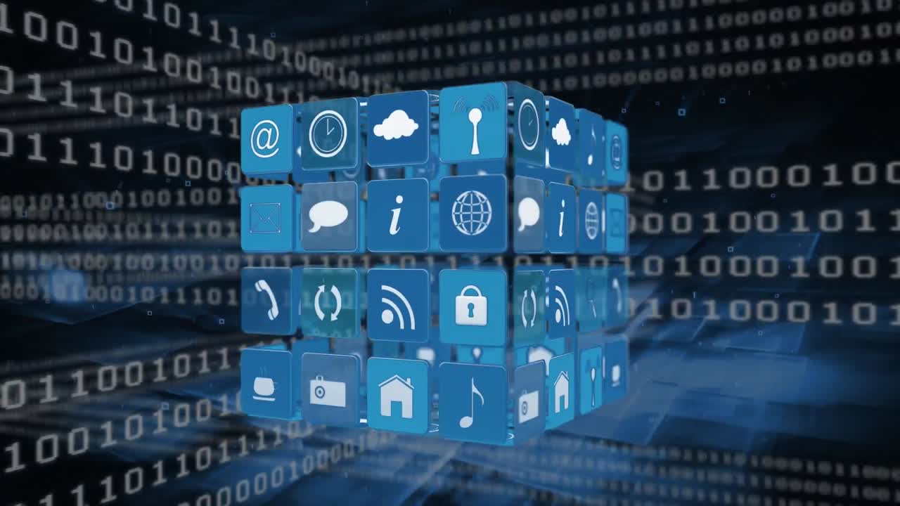 y iconos de aplicaciones en línea en cuadrados binarios y códigos