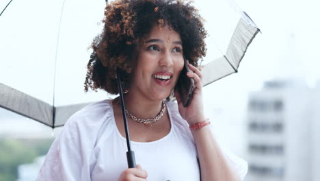 Umbrella,-business-woman-and-phone-call-with-city