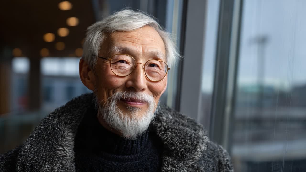 A Thoughtful Elderly Gentleman with Silver Hair and Glasses, Radiating Warmth and Wisdom, Poses by a Window, Showcasing a Charming Smile and Distinctive Attire