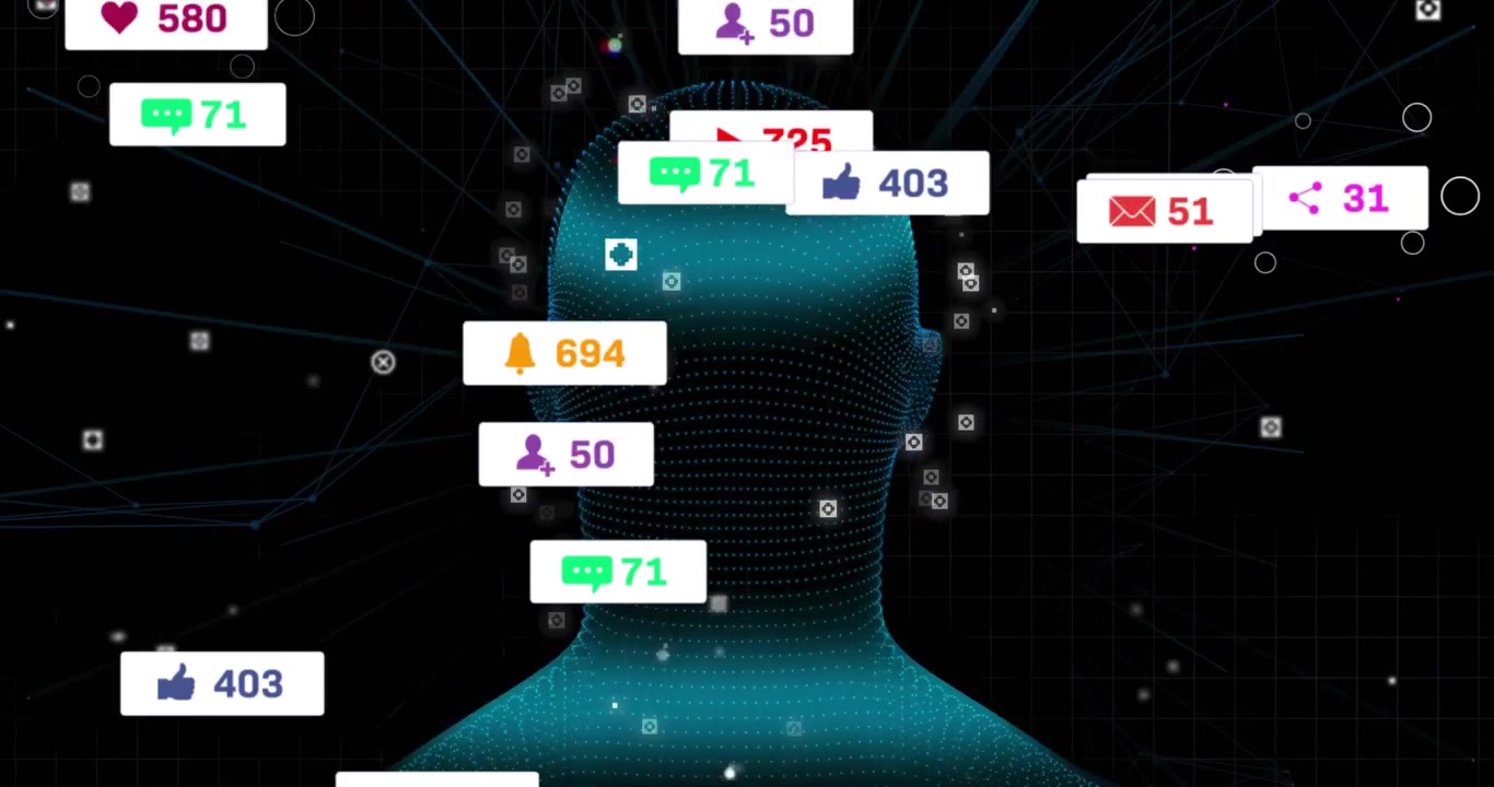On start camera panning around blue data head, social icons orbiting showing incoming notifications