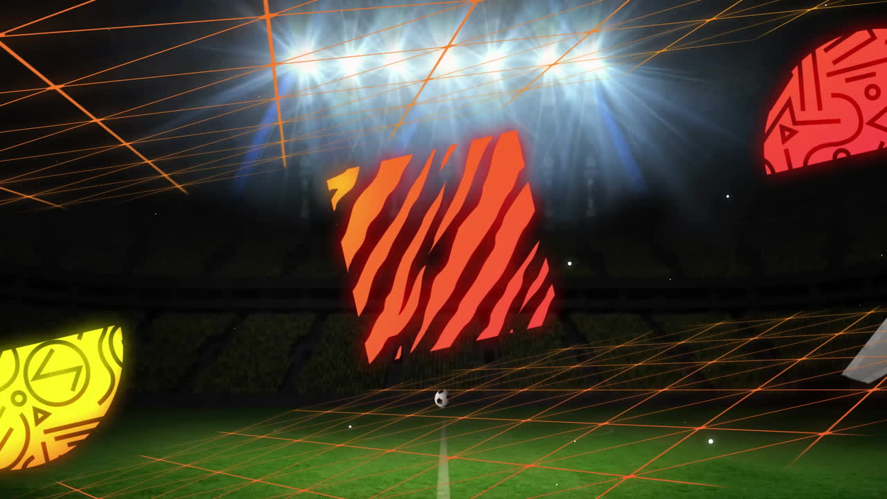 Glowing lights creating animation of abstract geometric patterns on soccer field