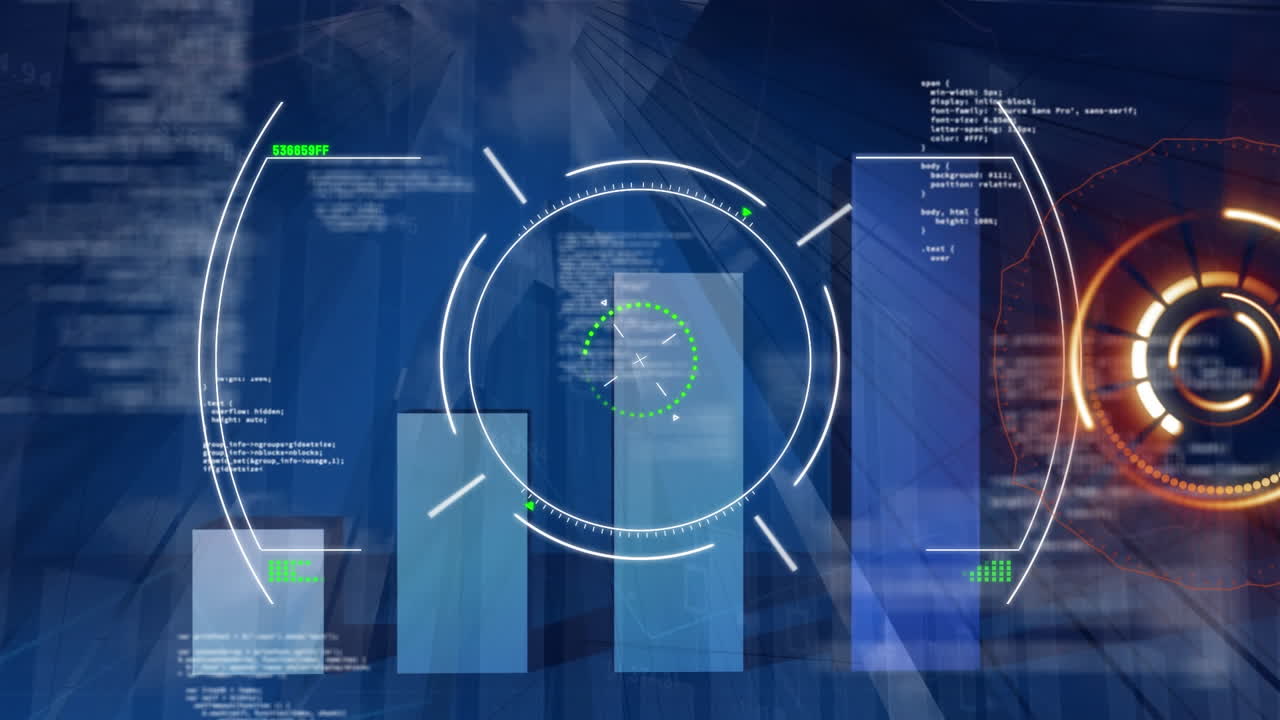 Animation of scope over data processing and round scanner against low angle view of tall buildings