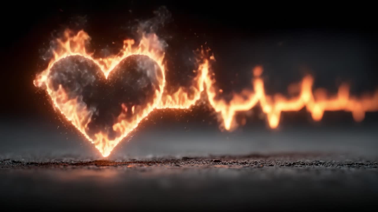 Un vibrante battito cardiaco infuocato: fiamme che formano un cuore intrecciate con una linea ECG pulsante, a simboleggiare passione e vitalità in movimento.
