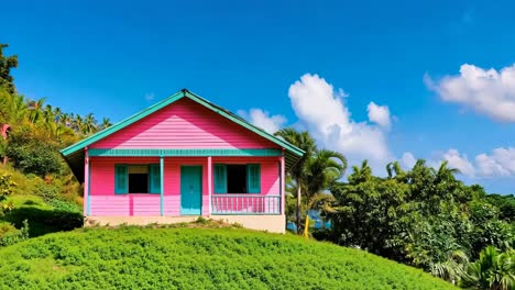 a pink house on a hillside with trees and bushes