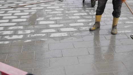 trabajador que coloca piedras de pavimentación