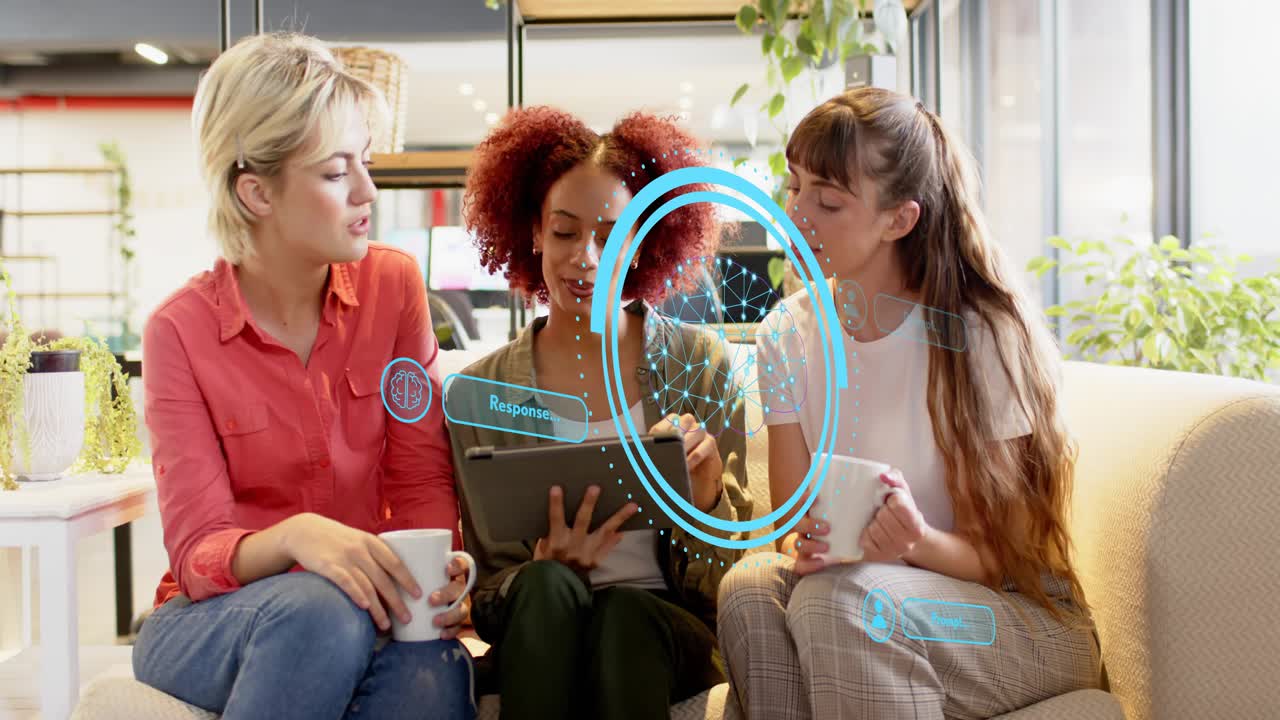 Center woman tapping tablet while colleagues leaning with mugs, updating AR network for business