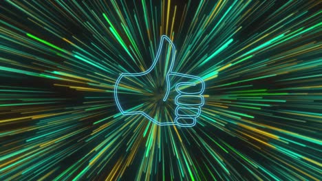 Animation-of-neon-social-media-thumbs-up-flickering-icon-on-green-light-trails-background