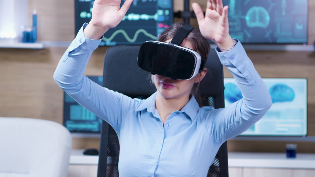 Female scientist using virtual reality goggles in a neurology clinic