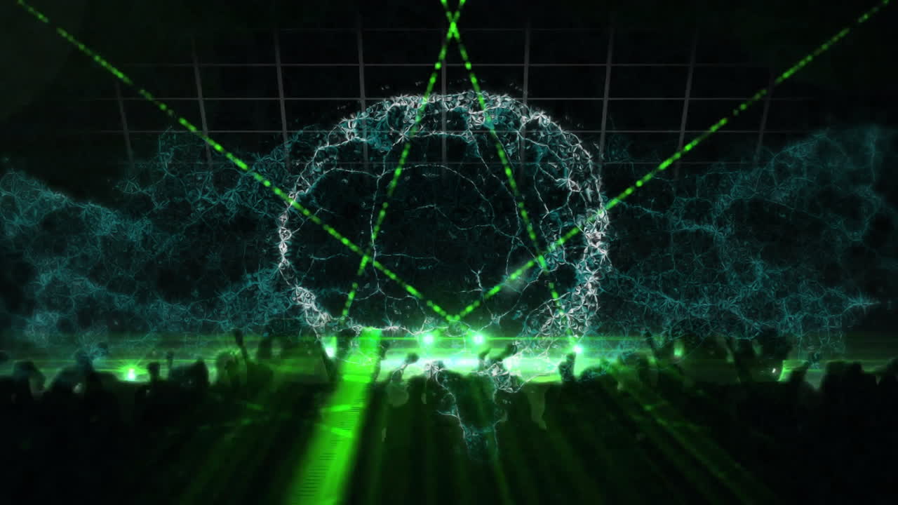Green laser lights and digital sphere animation over crowd at concert