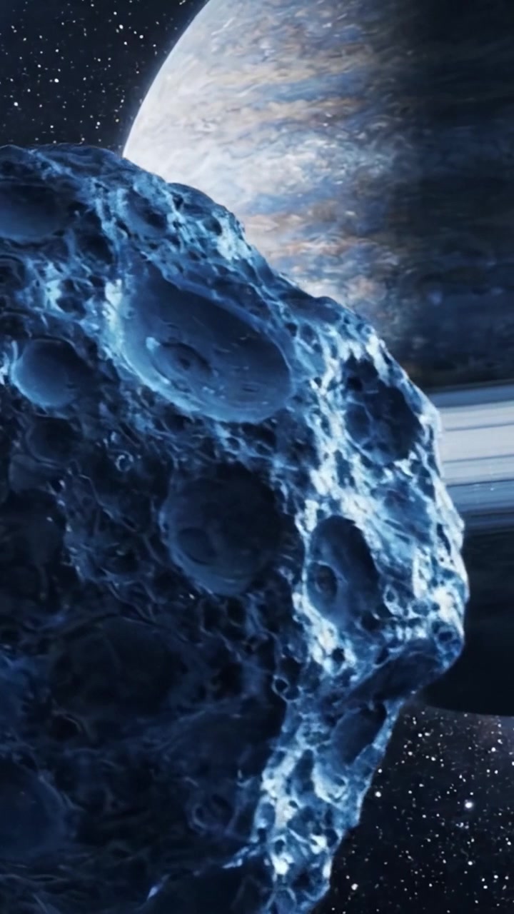 Un affascinante viaggio cosmico attraverso lo spazio, con un pianeta gigante circondato da anelli e asteroidi che brillano sullo sfondo di stelle infinite.