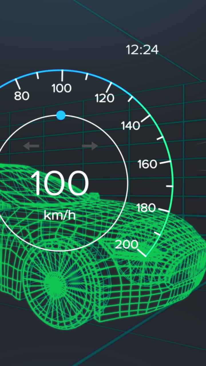 차량 인터페이스에서 스피도미터, gps 및 충전 상태 데이터의 애니메이션, 3d 자동차 모델