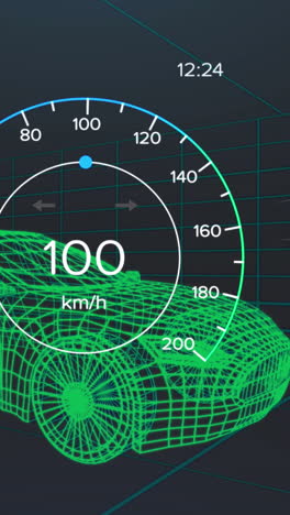 animation of speedometer, gps and charge status data on vehicle interface, over 3d car model