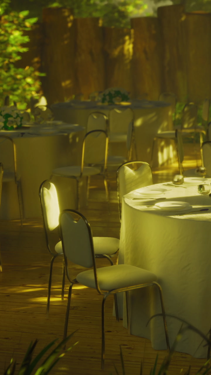Tables are set for a gathering in a forest venue during the day