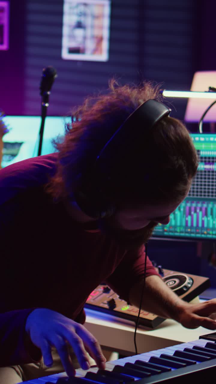 Male Music Producer Composing Electronic Music in Home Studio