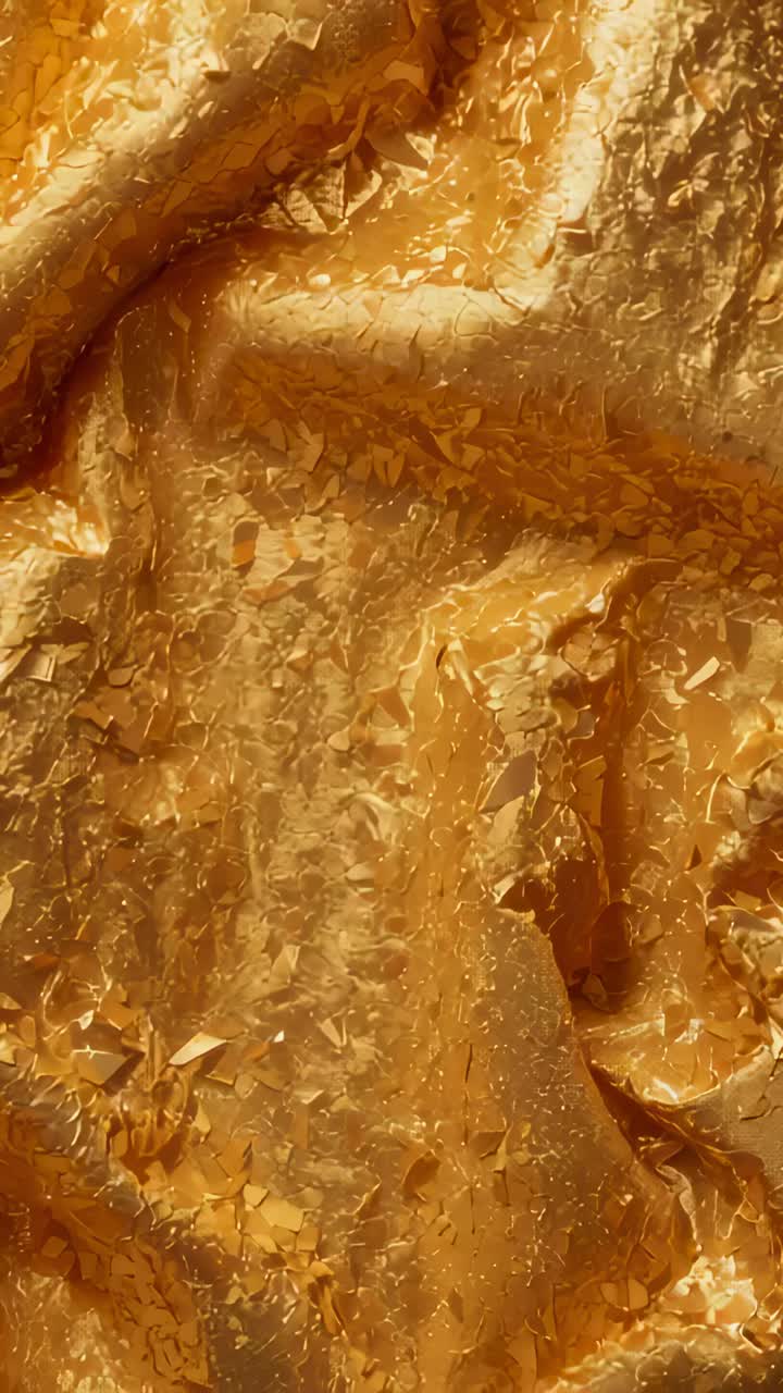 Vertikales Video: Schwenkende Kamera, die goldene Stofffalten im Studiolicht zeigt und Metallflocken untersucht