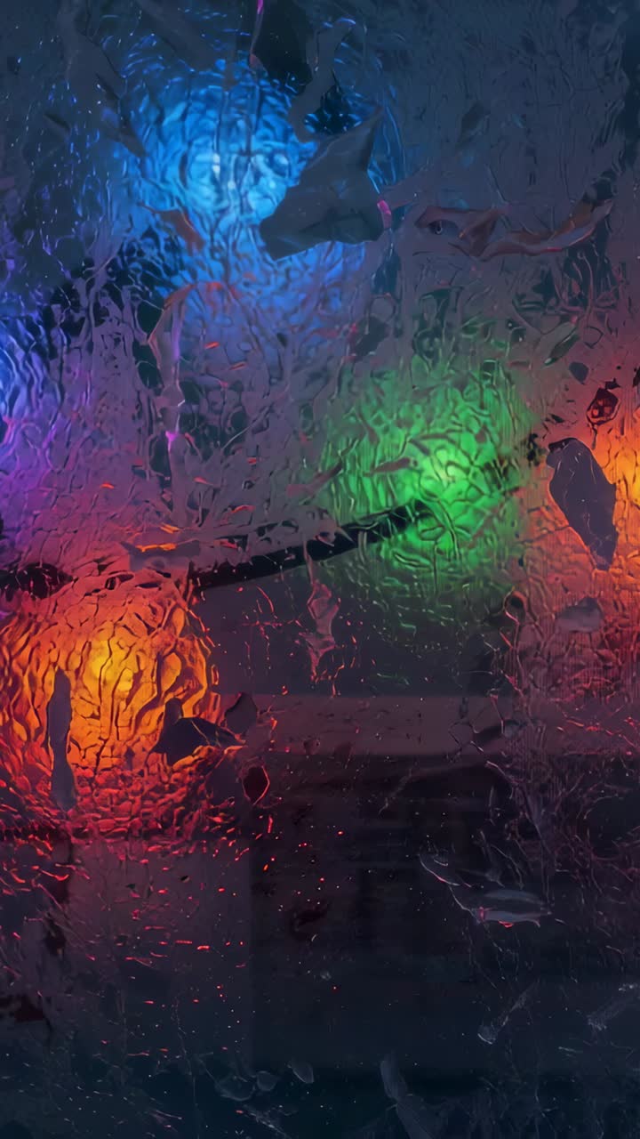 Video verticale: visualizzazione di goccioline su un vetro che si spostano e rifrangono sfere blu, verdi e arancioni in interni