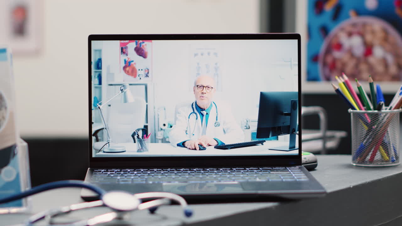 Medico che utilizza una videochiamata online alla scrivania