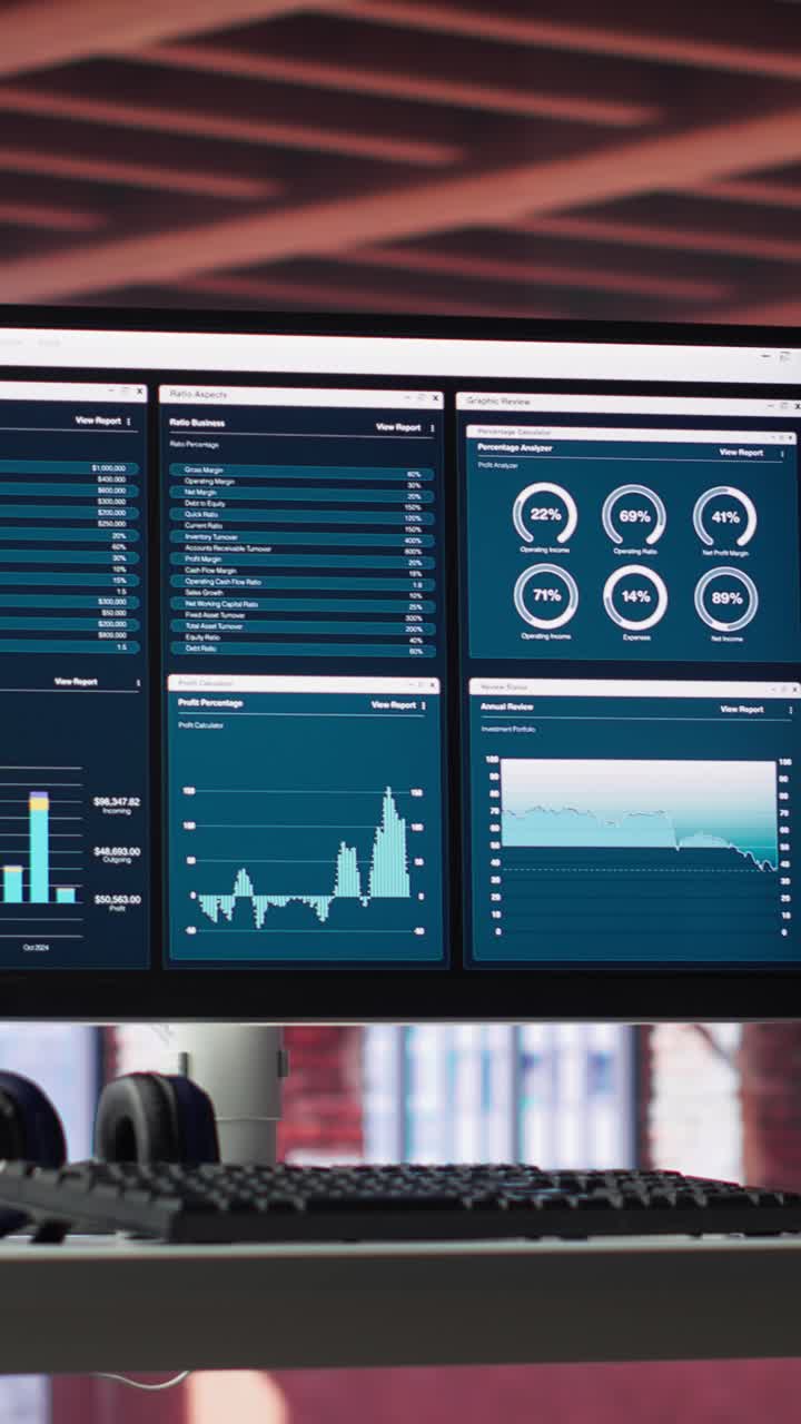 Vertical Video Desktop PC on the wooden desk showcases infographics and client reach data