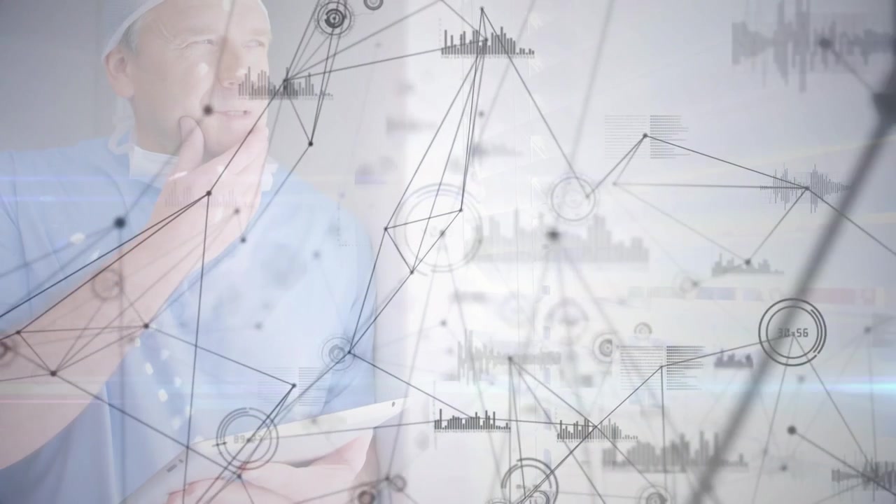Animation of network of connections over caucasian male surgeon using tablet
