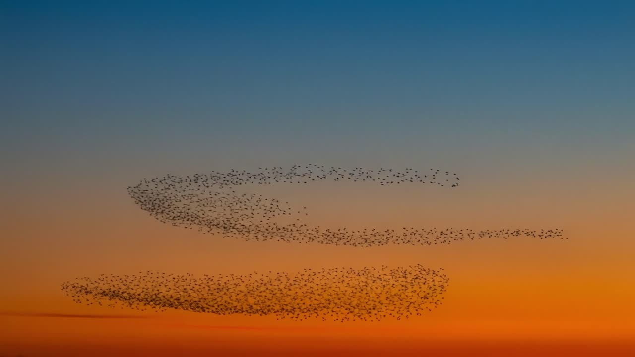 A Stunning Display of Starlings in Formation during Twilight: Witness the Graceful Movements of Nature's Flock against a Vibrant Sunset Sky