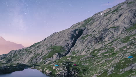 Night-timelapse-from-lake-des-Cheserys,-Chamonix