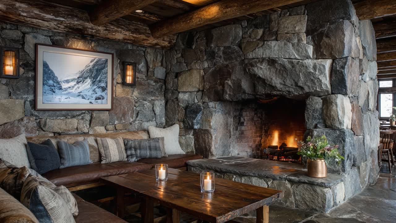 Accogliente rifugio di montagna: soggiorno splendidamente progettato con caminetto in pietra, sedute confortevoli e un arredamento artistico perfetto per il relax.