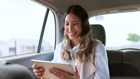 Digital-tablet,-car-drive-and-woman-networking