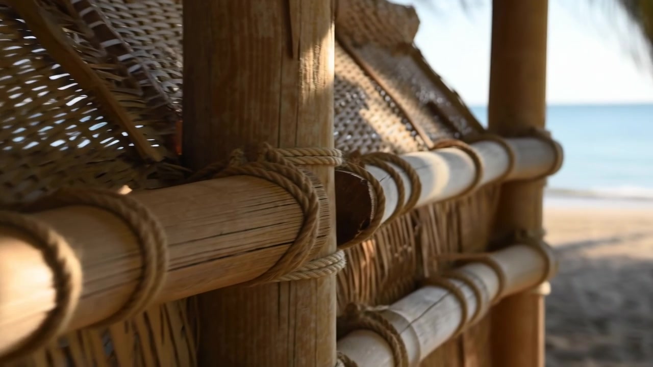 Close-up dinding gubuk bambu anyaman dengan tiang kayu di latar depan, berlatar belakang pantai yang buram lembut dan laut yang tenang di bawah cahaya alami yang hangat