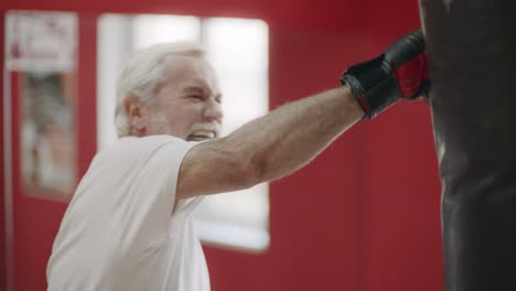 senior man boxing combat bag at cardio training in healthy club.