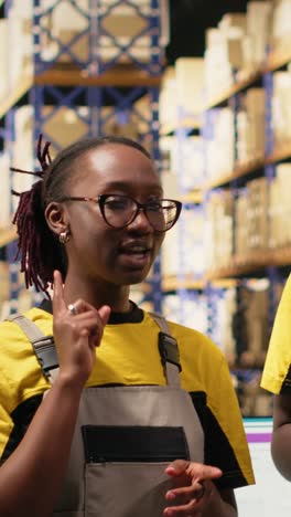 vertical video black e-commerce team vlogging in a warehouse shipping area