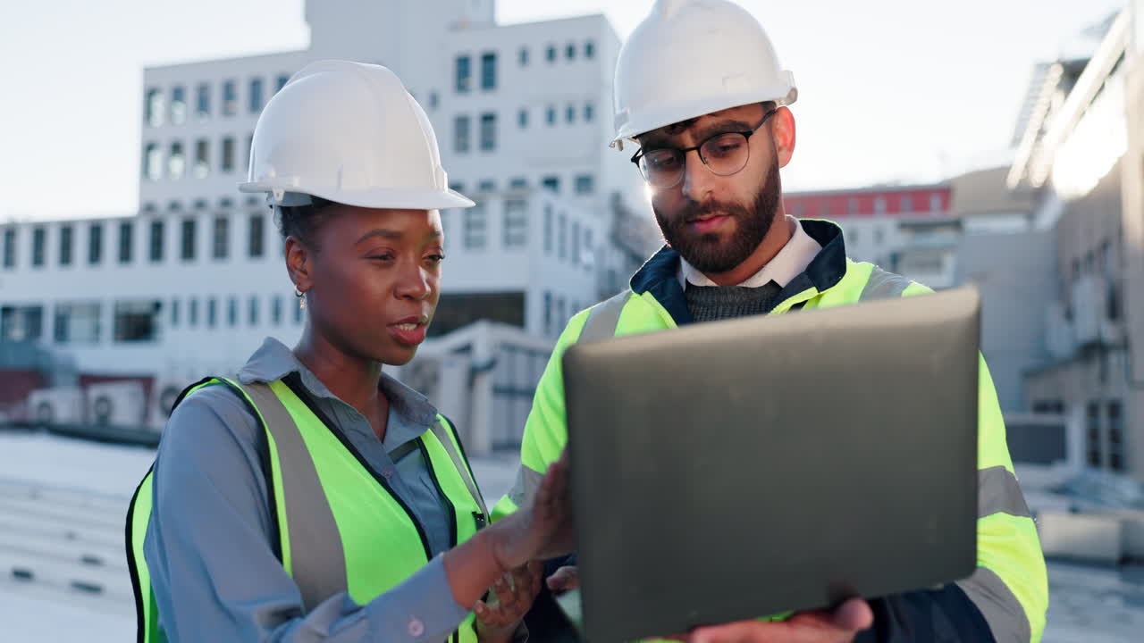Construction Professionals Collaborating on a Rooftop