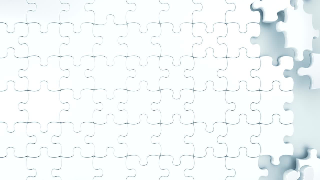 Beautiful White Puzzle Pieces Falling Down on the Screen 3d Animation. Useful for Transitions. Green Screen. Alpha Mask.