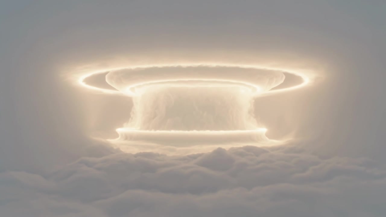 Anelli luminosi impilati che emergono formando una colonna luminosa sopra le nuvole dopo l'apparizione di un disco debole.