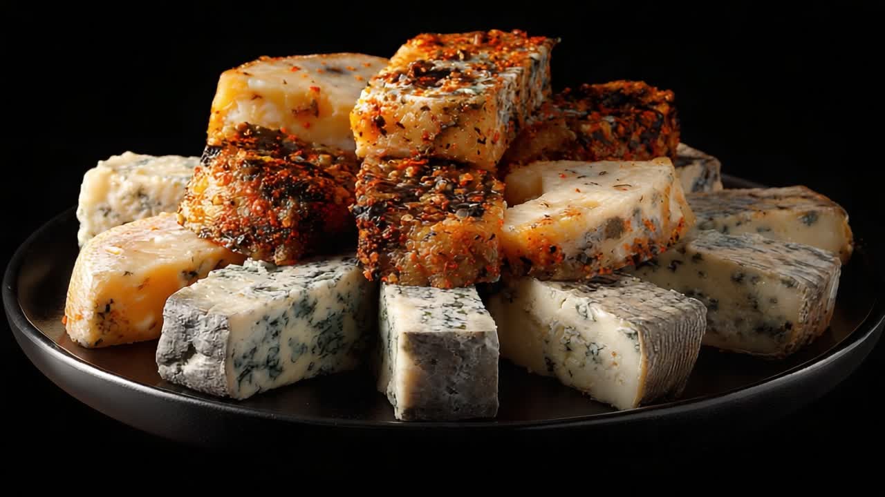 An Exquisite Display of Artisan Cheeses: A Varied Selection Showcasing Texture, Flavor, and Diversity on a Black Plate Against a Dark Background
