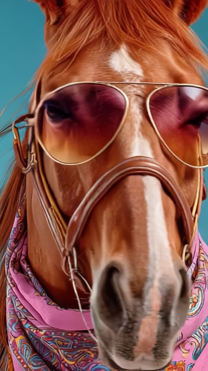 Ritratto di cavallo elegante: un primo piano vibrante di un equino alla moda con occhiali da sole e accessorio colorato su uno sfondo audace.