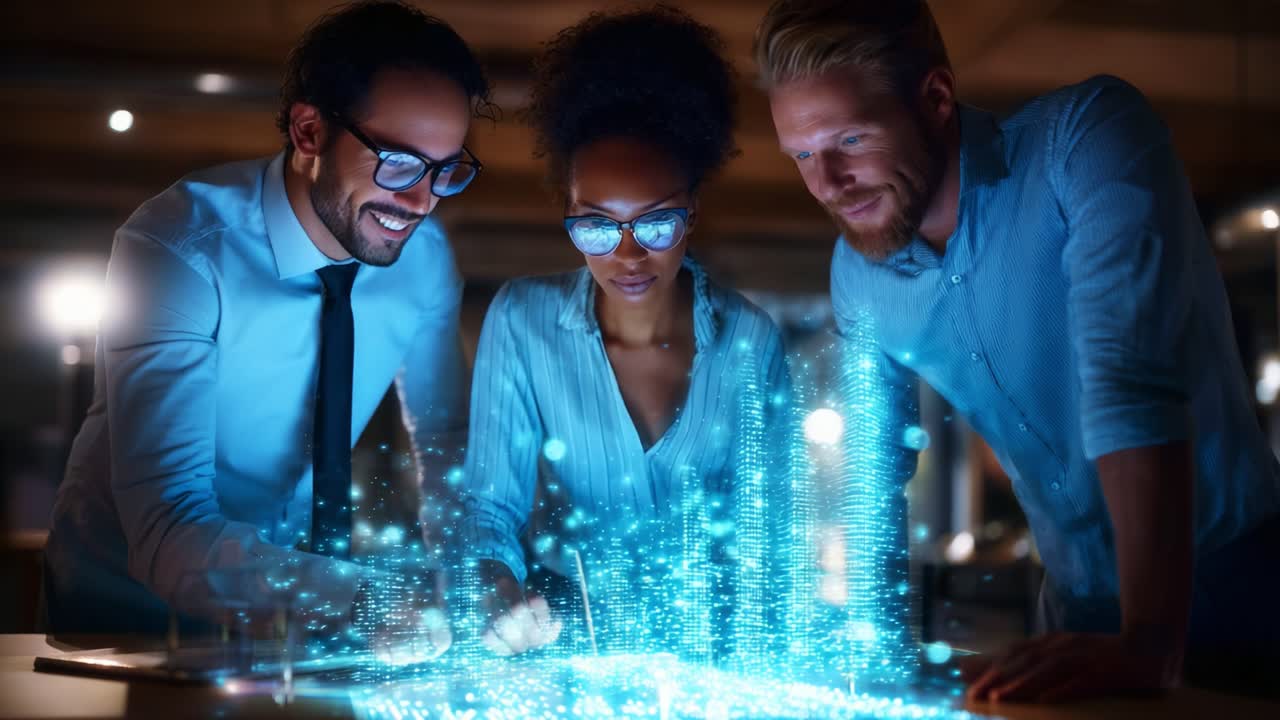 Three professionals engage in an interactive digital work session, analyzing futuristic holographic data projections with enthusiasm and collaboration in a modern workspace