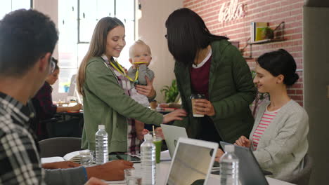 working mom, baby and leadership meeting