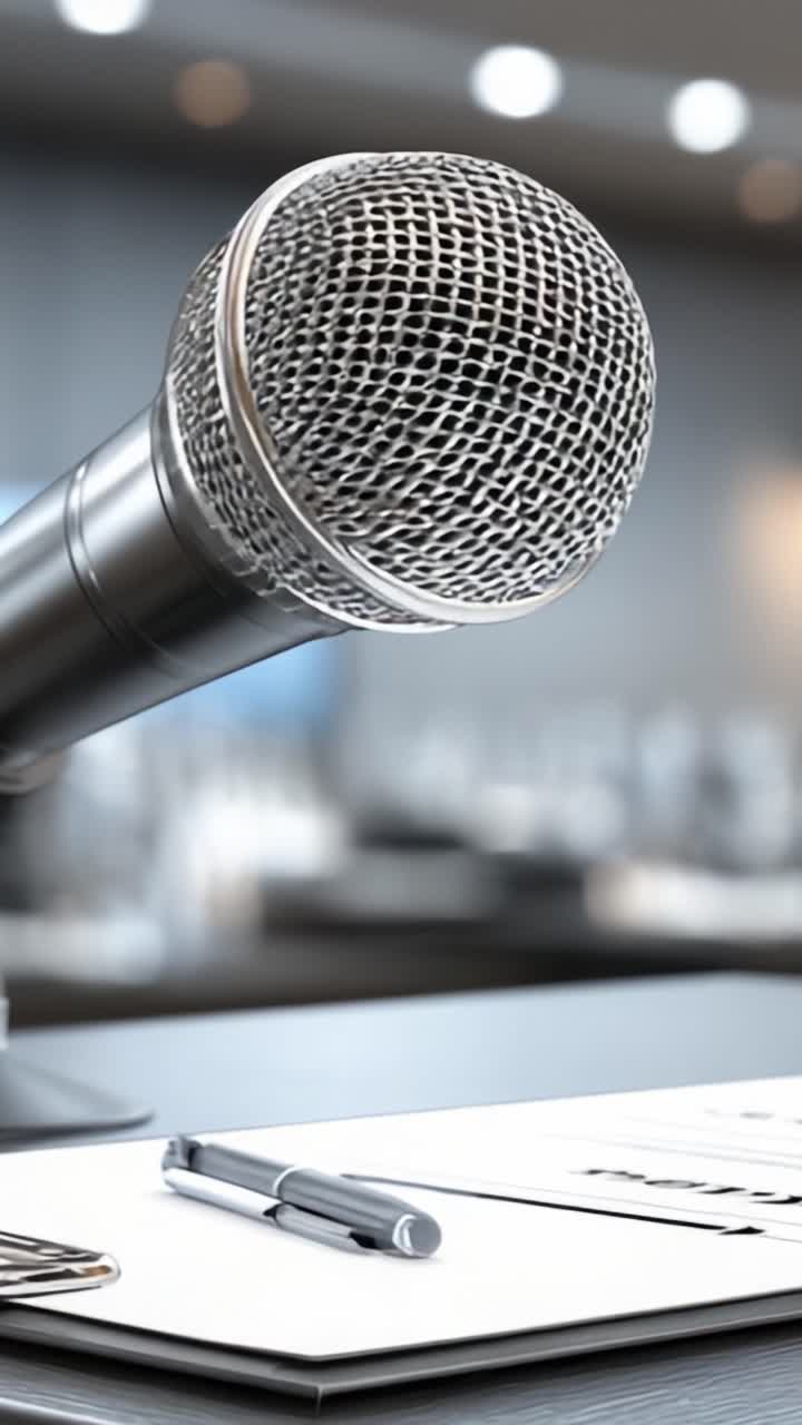 Close-up de um microfone prateado em uma mesa ao lado de uma caneta e anotações, sugerindo uma apresentação ou discurso envolvente em um ambiente profissional.