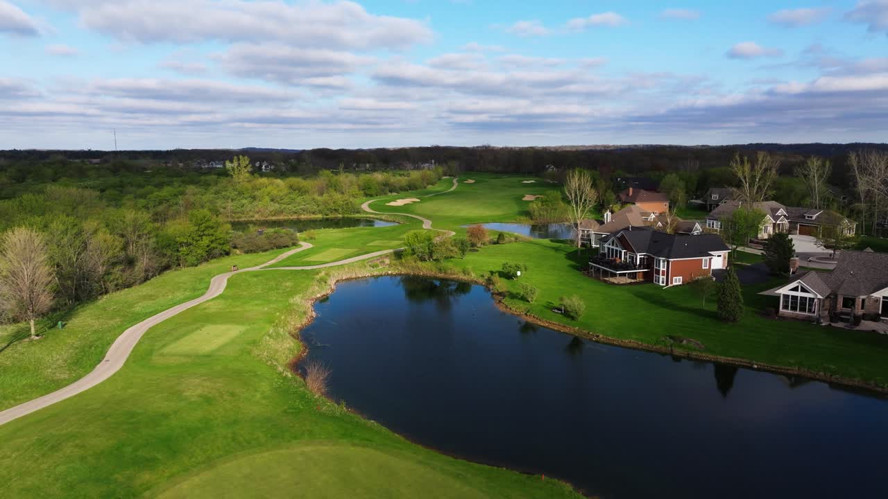 Aerial Drone Shot Above Scenic Golf Course on Typical Day in America. Sand Trap